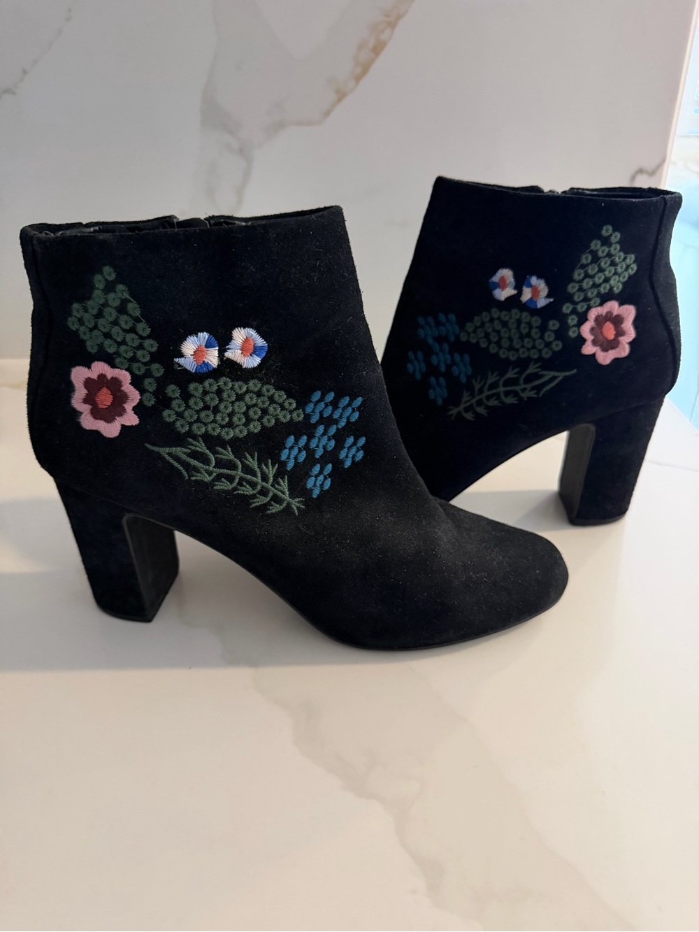 Nanette Lepore Black Suede Embroidered Floral Ankle Boots